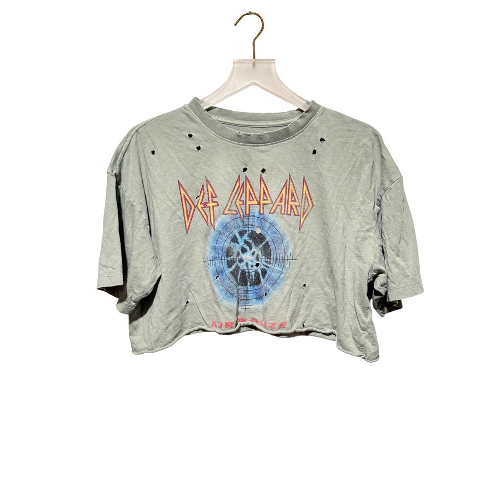 Def Leppard Adrenalize Distressed Cropped Graphic Tee Faded‎ Sage Green Small